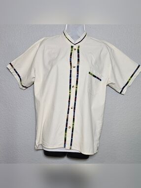 Mens Medium Cream Button Front Shirt Southwest Woven Trim Short Sleeve